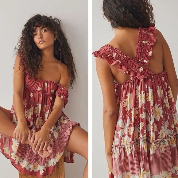 New Free People Pink Ruched Off-Shoulder Sundress size S - Picture 2 of 10